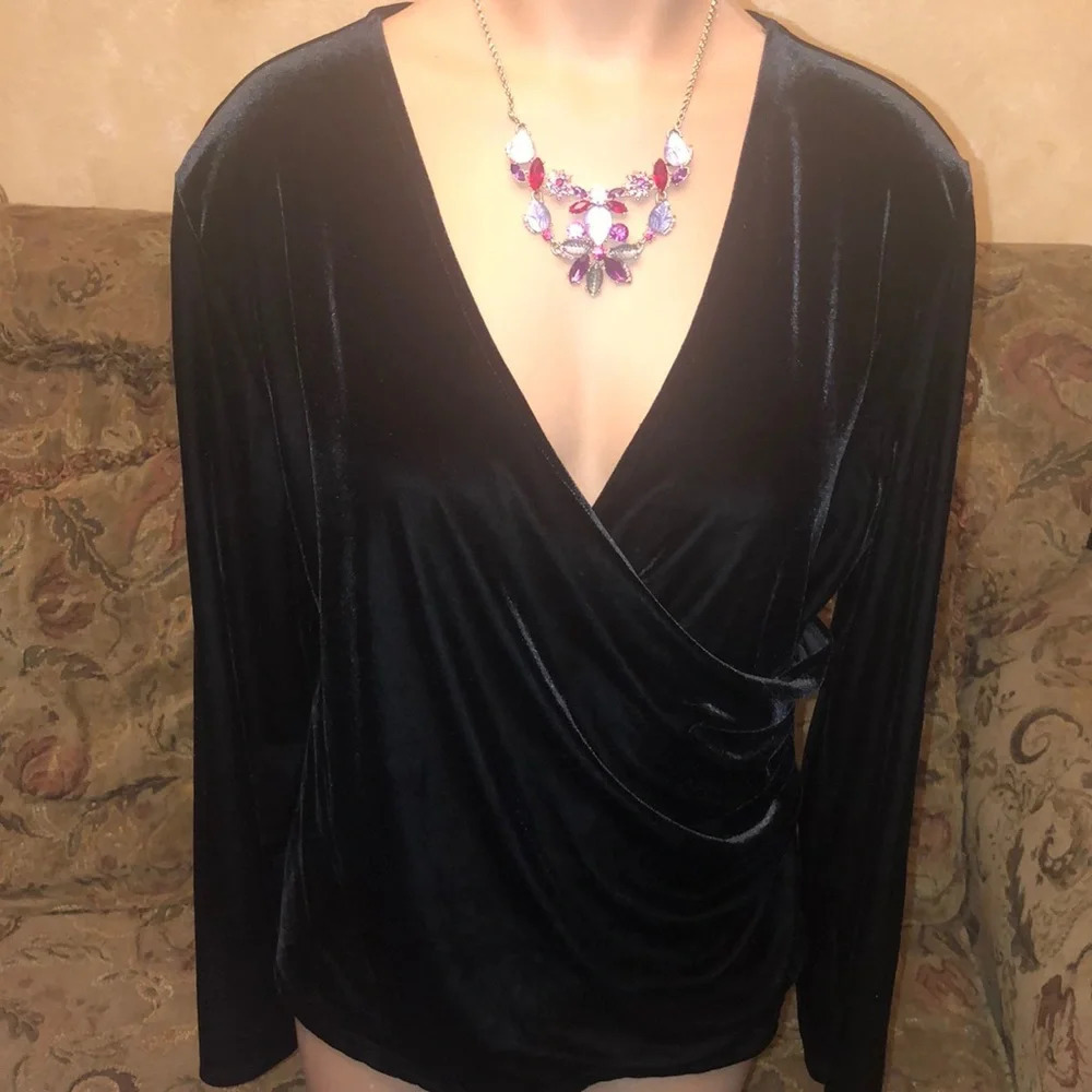 Kate Hill velvet faux wrap top L